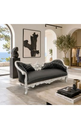 Barok Napoleon III medaljon sofa sort kunstlæder og sølv træ - 2