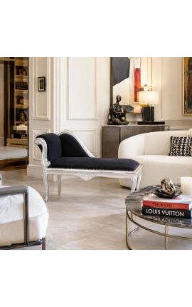 Louis XV Шейз лопатска черна кадифена тъкан и сребърно дърво - 2