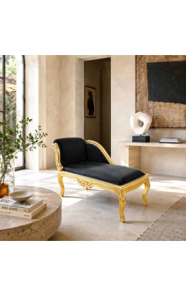 Méridienne de style Louis XV tissu en velours noir et bois doré - 2
