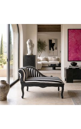 Louis XV Chaise Longue Zerstitzte Schwarz-Weiß-Stoff und Schwarzes Holz - 2