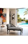 Louis XV Chaise longue, teixit blanc i negre i fusta negra - 10
