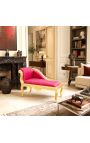 Louis XV style chaise longue red satin fabric and gold wood - 2