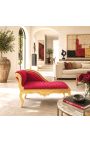 Louis XV Style Chaise Longue, teixit de setí vermell i fusta d'or - 4
