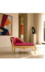 Louis XV style chaise longue red satin fabric and gold wood - 10