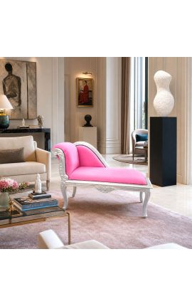 Louis XV Chaise Longue Pink Velvet Fabric og Silver Wood - 2