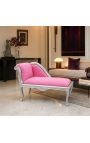 Louis XV Chaise longue tecido de veludo rosa e madeira de prata - 9