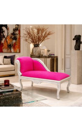 Méridienne de style Louis XV tissu rose fuchsia et bois argent - 2