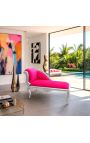 Louis XV Chaise Longue Fuchsia Rosa Samt Stoff und Silberholz - 5