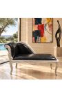 Louis XV Chaise Longue Black Beatherette y madera de plata. - 9