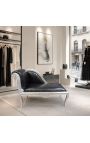 Louis XV chaise longue zwarte kunstleer en zilver hout - 7
