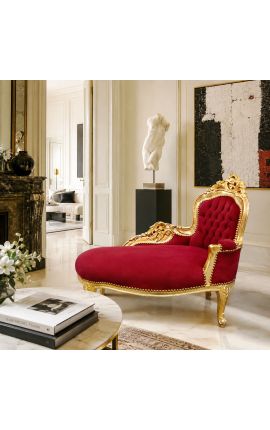 Chaise barroc llarg, vellut de borgoña amb fusta d'or - 2