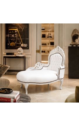 Chaise longue barocco in similpelle bianco con legno d'argento - 2