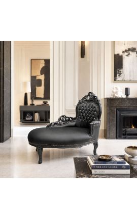 Barokke chaise longue zwarte kunstleer met steentjes en zwart hout - 2