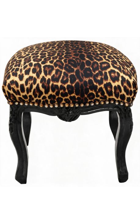 Barokfotstol Louis XV leopardväv och lackerat svart trä