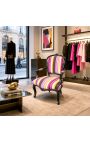 Barokk lenestol av Louis XV Stil Multicolor Stripes Fabric and Black Wood - 8