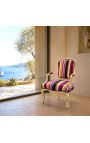 Baroque armchair of Louis XV style stripped multi-colored fabric and beige lacquered wood - 6