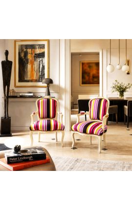 Barokke fauteuil van Louis XV stijl gestripte multi-gekleurde stof en beige gelakt hout - 2