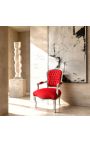 Fauteuil Louis XV de style baroque velours rouge et bois argent - 11