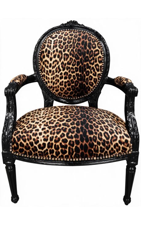 Butaca barroca Louis XVI Teixit de lleopard estil i fusta negra de vidre - 1