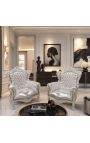Gran sillón de estilo barroco con tela de imitación de cuero plata y madera plata - 4