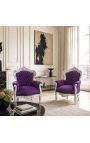 Big baroque style armchair purple velvet and silver wood - 3