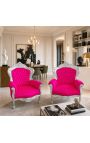 Gran sillón de estilo barroco en terciopelo fucsia y madera plata - 7