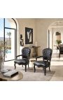 Baroque armchair of Louis XV black leatherette with rhinestones and black wood - 3
