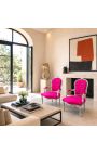 Fauteuil Louis XV de style baroque velours rose fuchsia et bois argenté - 4