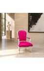 Fauteuil Louis XV de style baroque velours rose fuchsia et bois argenté - 11