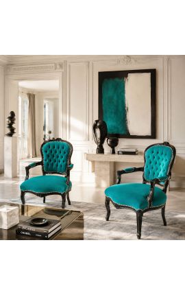 Barok lænestol af Louis XV stil grøn fløjl og blank sort træ - 2