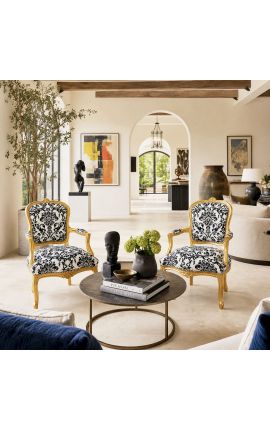 Fauteuil Louis XV de style baroque tissu motifs floraux noir et bois doré - 2