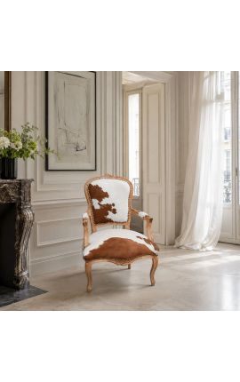 Barok lænestol i Louis XV-stil med ægte brun og hvid okselæder og råt træ - 2