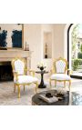 Sillón Baroco Rococo Estilo Blanco Teatherette con Rhinestones y Madera de Oro - 3