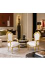 Armchair Baroque Rococo style white leatherette with rhinestones and gold wood - 4