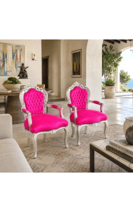 Fauteuil de style Baroque Rococo tissu velours rose fuchsia et bois argenté - 2