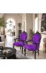 Fåtölj Barock Rococo Style Lila Velvet Tyg och Glansigt Svart Trä - 3