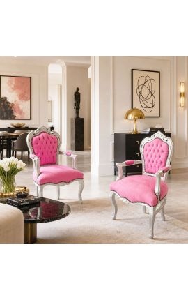 Barok rococo lænestol stil pink fløjl og sølv træ - 2