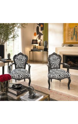 Sillón Baroco Rococó estilo Zebra Tela impresa y madera negra brillante - 2