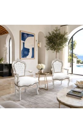 Fåtölj Barock Rococo Style Vit läder och silvered trä - 2