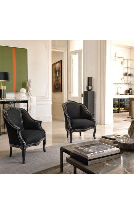 Bergere-stol Louis XV stil med sort fløjl og sort træ - 2