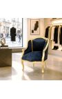 Bergere lenestol Louis XV Stil svart fløyel og gull tre - 4