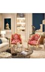 Bergere-stol Louis XV stil röd "Gobelins" satin tyg och guld trä - 2