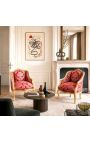 Bergere sillón Louis XV Estilo rojo "gobelins" tela satine y madera de oro - 4