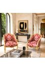 Bergere sillón Louis XV Estilo rojo "gobelins" tela satine y madera de oro - 9
