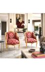 Bergere tugitool Louis XV Stiily punane "Gobelins" Satine Fabric ja Gold Wood - 16