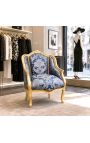 Bergere tugitool Louis XV Style Blue "Gobelins" Satine Fabric ja kuldpuit - 10