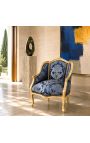 Bergere-stol Louis XV stilblå "Gobelins" satin stoff og gulltre - 6