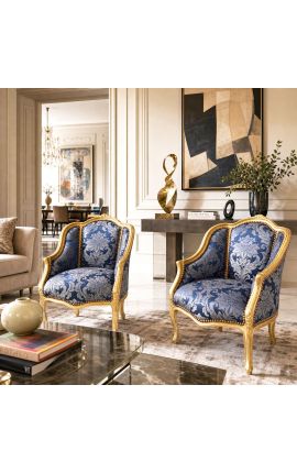 Bergere fotelj Louis XV Style Blue "Gobelins" Satine Fabric in Gold Wood - 2