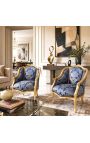 Bergere armchair Louis XV style blue "Gobelins" satine fabric and gold wood - 2