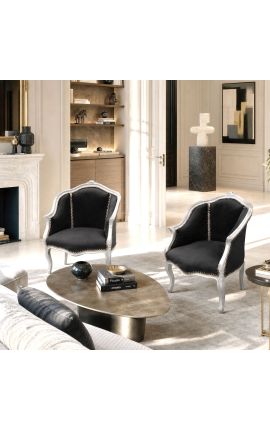 Berge lænestol Louis XV stil sort fløjl og sølv træ - 2